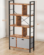 Armocity Bookshelf with Drawers - 5 Tier Tall Bookcase Geometric Modern Book Shelf Display Standing Bookshelves with Storage for Living Room, Bedroom Home Office, Rustic Brown