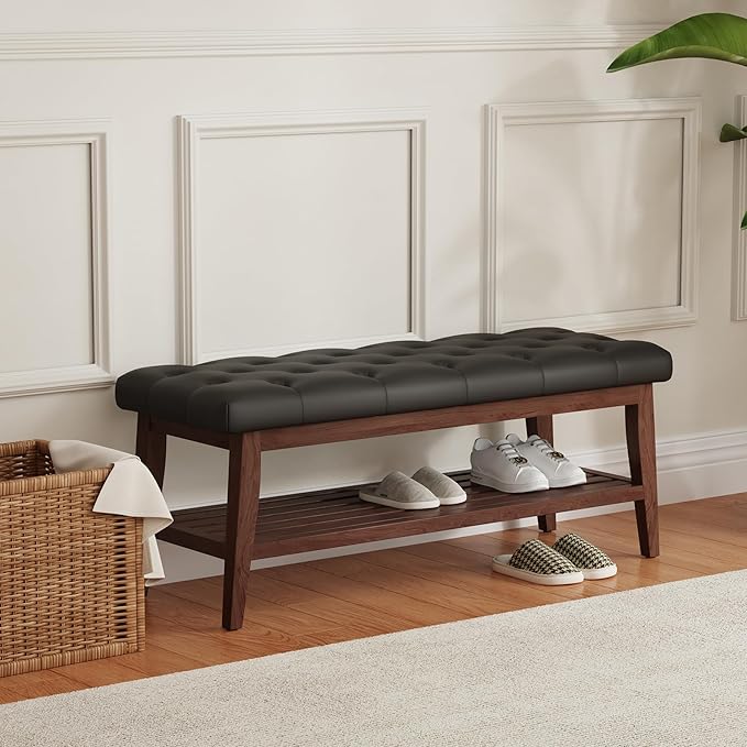 LEILISI Entryway Shoe Bench with Storage, End of Bed Bench, Microfiber Leather Upholstered Button-Tufted Seat Bench with Solid Wood Frame for Living Room, Bedroom (Black, 43.3'')