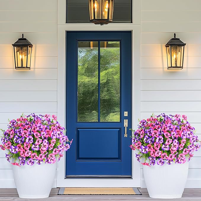 MARTINE MALL 18 Bundles Look Real Artificial Flowers for Outdoors, Realistic Fake Outdoor Flowers, UV Resistant Silk Pansy Flowers for Outside Faux Flowers Plants for Outdoor Porch Patio, Pink+Purple