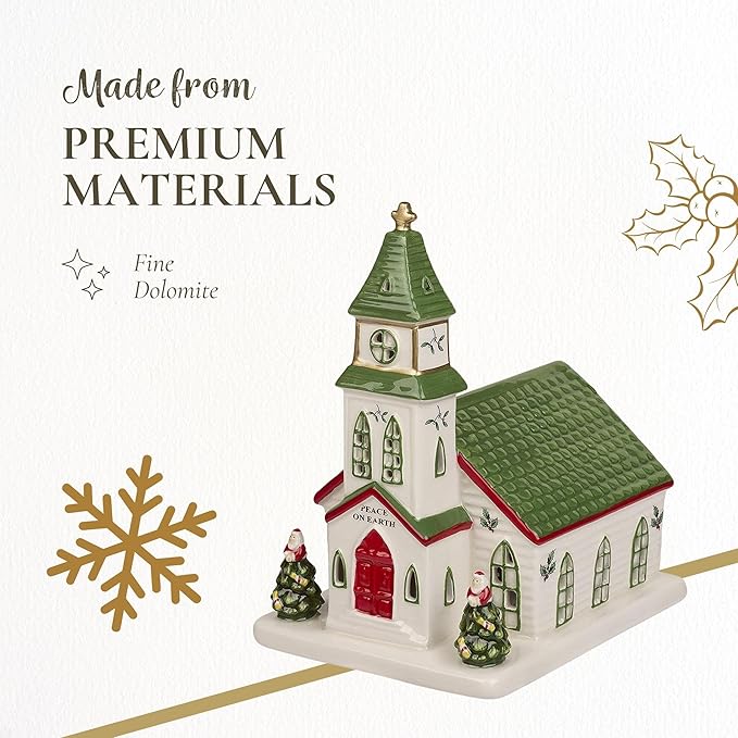 Spode Christmas Tree Miniature Christmas Village Figural Decoration, LED Lighted Christmas Village Set, Ceramic Holiday Decor - Dolomite Christmas Collectible for Indoor Display (Church)