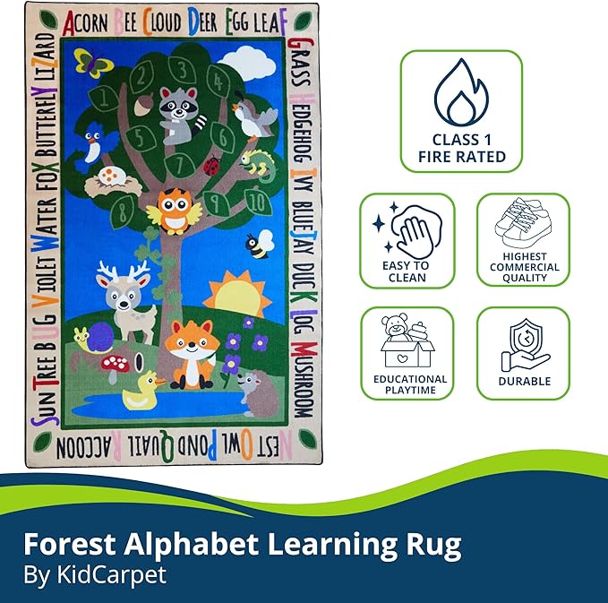 KIDCARPET.COM Forest Alphabet Learning Rug 7'6"x 12' Rectangle, Educational Classroom Rug, Kids Learning Play Mat | Area Rug for Bedroom or Playroom