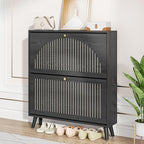 Shoe Storage Cabinet for Entryway with 2 Flip Drawers, Narrow Wood Shoe Cabinet with Fluted Panel, Freestanding Hidden Shoe Organizer for Foyer, Hallway (Black - No Shelf)