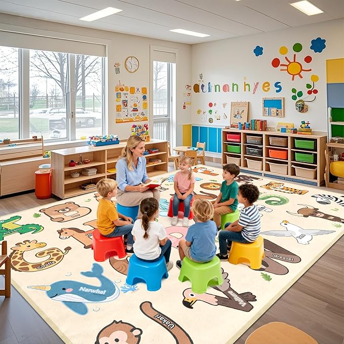 Kids Rugs for Playroom Classroom - 8x10 Feet Large ABC Rugs Kids Preschool Educational Learning Animals, Alphabet Rug for Children Toddler Nursery Kindergarten Decor, Beige