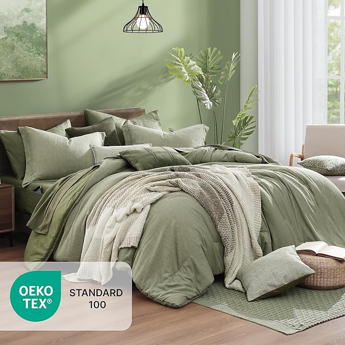 Monbix Full Size Comforter Set, Sage Green Bedding Comforter for Full Size Bed Set Reversible, Bedding Sets Full 7 Pieces, Cationic Dyeing Bed in a Bag with Comforter, Sheets, Pillowcases & Shams