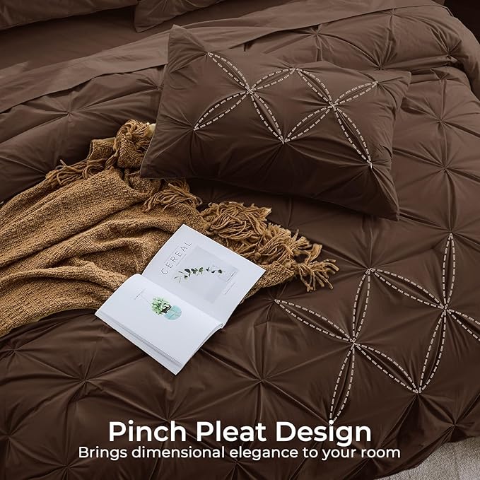 Sasttie King Size Comforter Set, 7-Piece Bed in a Bag, Pintuck Bedding Set for All Season, Includes Comforter, Flat Sheet, Fitted Sheet, Pillowcases and Pillowshams, Dark Brown