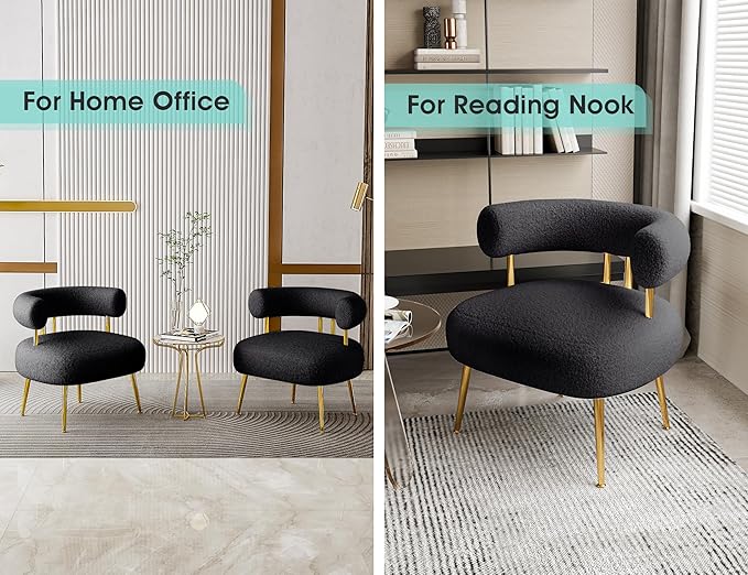 Mid Century Sherpa Boucle Accent Chair, Round Upholstered Barrel Arm Chair for Small Spaces, Fluffy Side Corner Sofa Chair for Living Room, Bedroom, Vanity, Office, Reading Nook(Black)