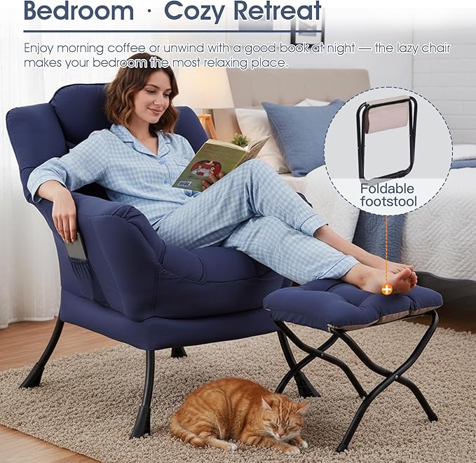 Lazy Chair with Ottoman, Large Lounge Accent Chair with Ottoman and a Throw Pillow, Navy Reading Chair for Living Room Bedroom Dorm Room Office Apartment Relaxing Use
