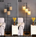 Floor Lamp for Living Room,Bedroom,3-Lights Boho Rattan Tree Floor Lights,Industrial Black Farmhouse Standing Lamp Wicker Rustic Tall Lamp,Woven Bamboo LampShade Floor Lamps Bohemian