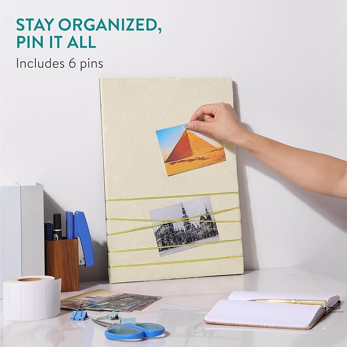 Navaris Fabric Memo Bulletin Board - 12" x 17" Velvet Memory Board for Wall to Display Photo Collages, Pictures, Notes - Includes 6 Push Pins - Beige