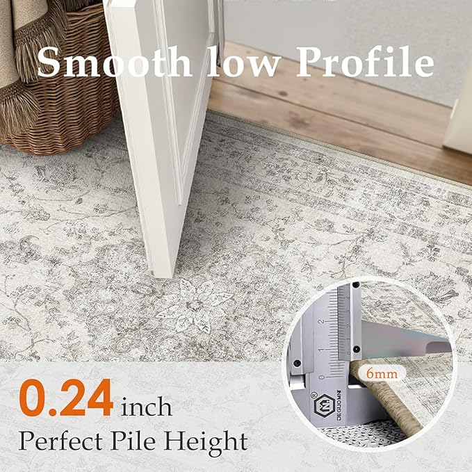 2x6 Runner Rug Gray Washable Vintage Hallway Kitchen Carpet Small Long Non Slip Soft Low Pile Thin Bedroom Retro Accent Throw Rug Laundry Dining Living Room Bathroom