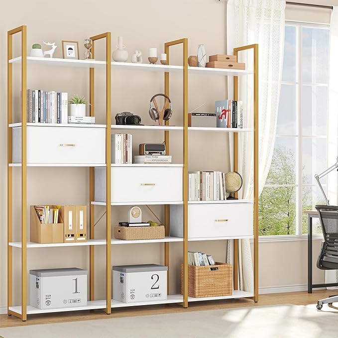 Semoic Triple Wide 6 Tiers Industrial Book Shelf with 3 Drawers and Storage Shelves, 73.6" Tall Bookcase with 16 Open Display Shelves, Large Etagere Bookshelf with Metal Frame for Home & Office, Gold
