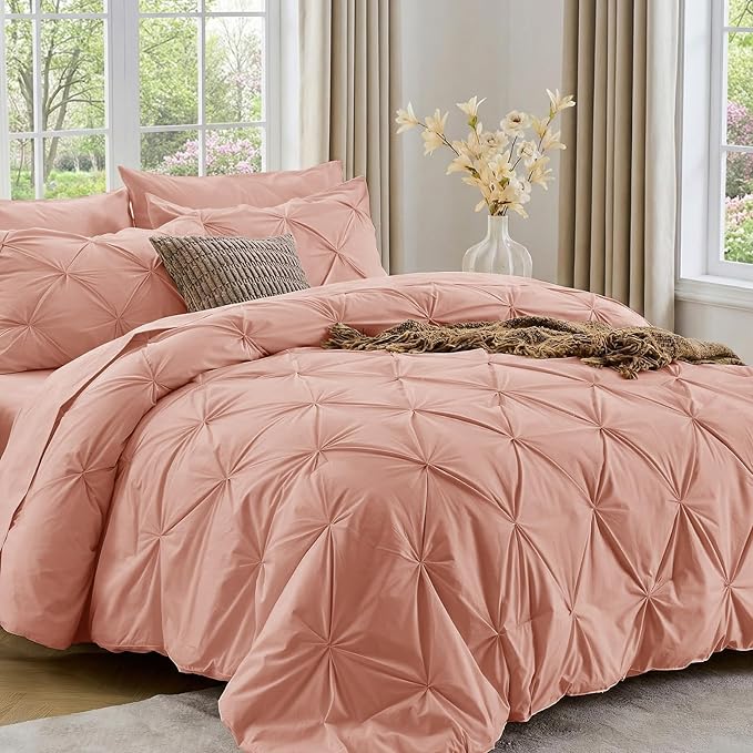 Sasttie California King Comforter Set, 7-Piece Bed in a Bag Cal King, Pintuck Bedding Set for All Season, Includes Comforter, Flat Sheet, Fitted Sheet, Pillowcases and Pillowshams, Blush
