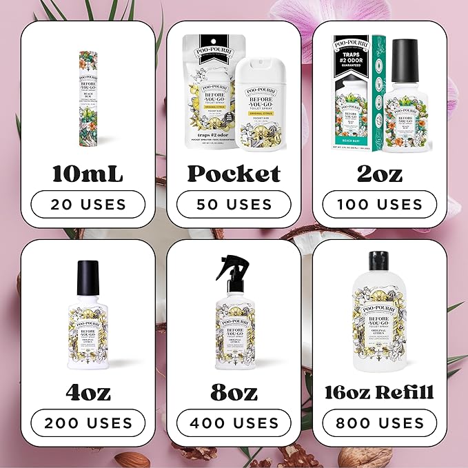 Poo-Pourri Before-You-Go Toilet Spray, Beach Bum, 2 Fl Oz, Up to 100 Uses, Bathroom Odor Deodorizer with Essential Oils for Home or Work, Travel Essentials, TSA Approved Size, Coconut, Orchid Scent