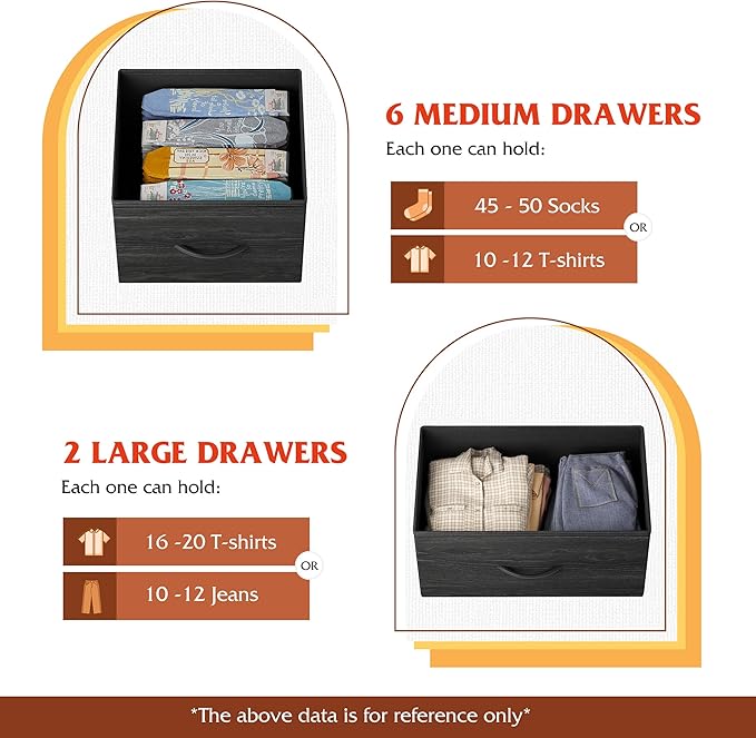 WLIVE 8 Drawer Dresser for Bedroom, Fabric Black Dresser with Large Storage Drawer Unit for Entryway, Chest of Drawers for Living Room