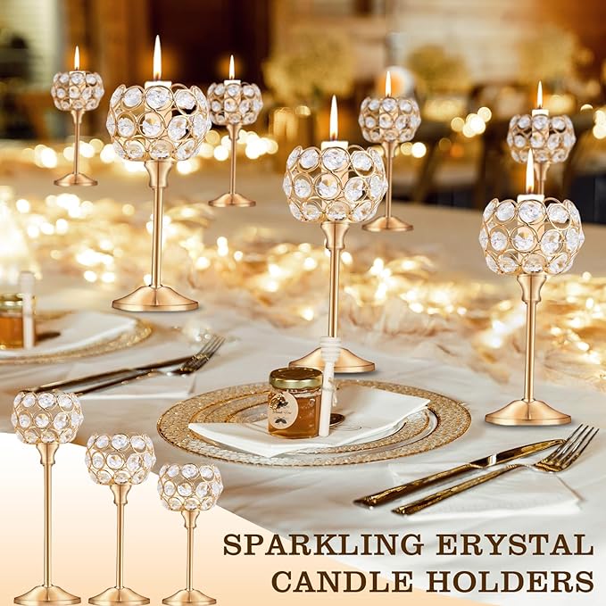 Crystal Metal Tealight Candlestick, Bling Bowl Candelabras, Tall Crystal Candle Holders Elegant Candle Centerpiece for Dining Table Wedding Home Mantel Decor(Golden, 4Sets(12 Pcs))