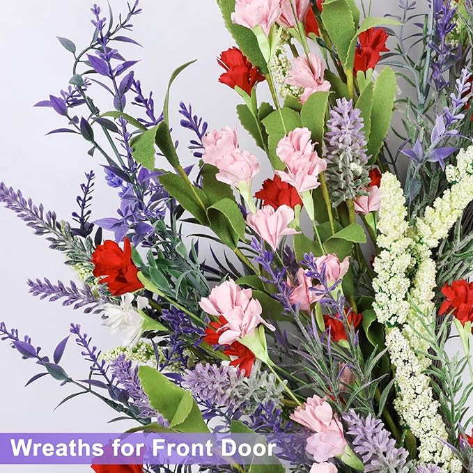 26 Inch Lavender Wreath Summer Spring Wreaths for Front Door Wreaths for Front Door for Wedding Farmhouse (Red Pink Lavender)