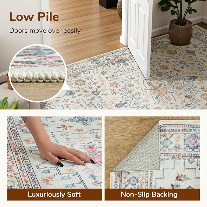 Lessymo Washable 9x12 Area Rug for Living Room, Large Rugs for Bedroom Dining Nursery Room, Soft Non-Slip Vintage Floral Oushak Carpet, Boho Colorful Pastel Farmhouse Decor, Multi/Ivory