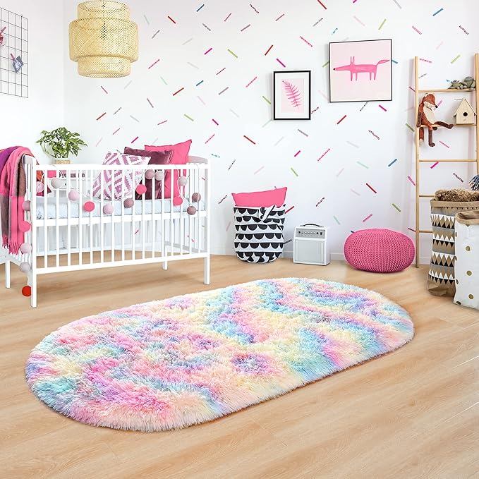 Noahas Fluffy Rainbow Rugs for Bedroom Girls,2'X5' Oval Throw Rug for Kids Room,Shag Hallway Runner Rug,Small Soft Shaggy Bedside Non-Slip Plush Nursery Dorm Carpet Home Decor