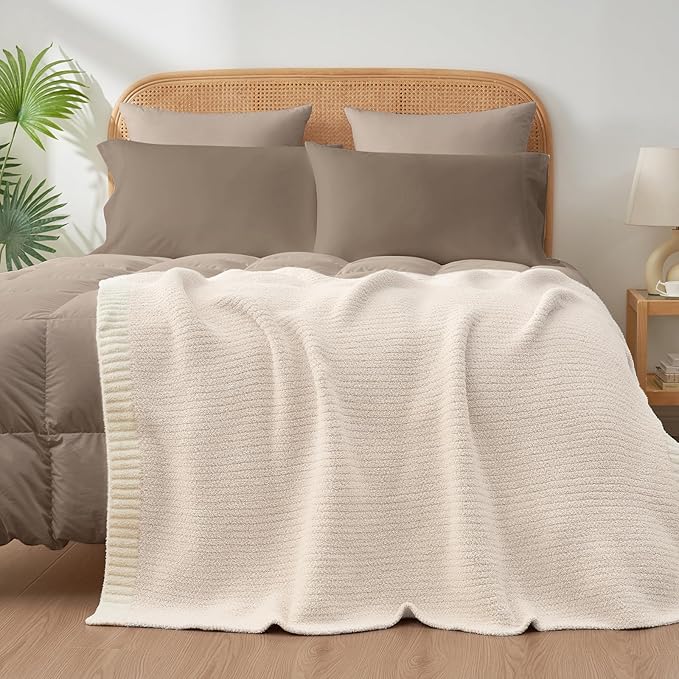 Snuggle Sac Heather Throw Blanket for Couch, Reversible Super Soft Blankets Warm Cozy Knit Fuzzy Plush Lightweight for Sofa, Bed, Camping, Picnic (Heather Ivory, Throw-XL(50"x 70"))