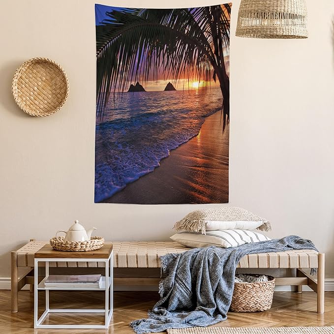 Ambesonne Hawaiian Tapestry Queen Size, Pacific Sunrise at Lanikai Beach Hawaii Sandy Tropics Hills Leaves Landmark, Wall Hanging Bedspread Bed Cover Wall Decor, Queen Size, Umber Purple
