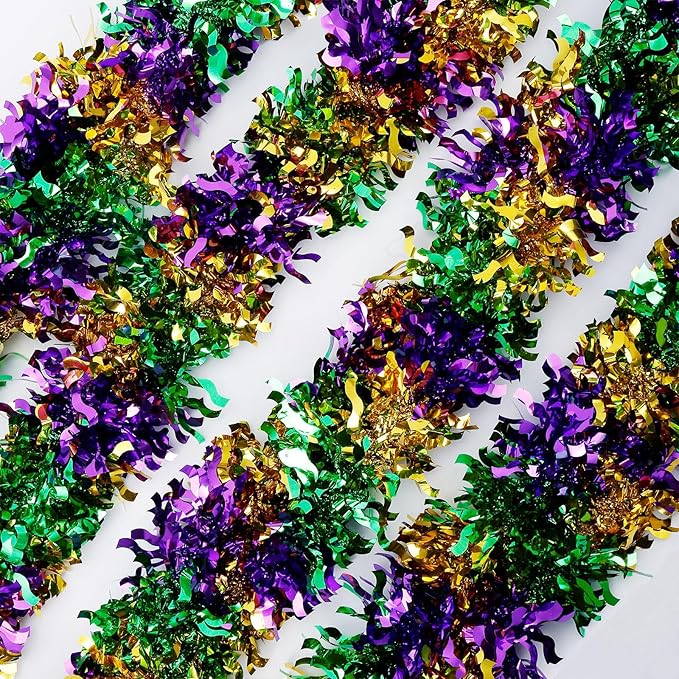 Mardi Gras Garland Decorations,50Ft Glitter Tinsel Garland Decor for Tree Mantle Bedroom Office Classroom Party Indoor Outdoor Holiday Home Green Gold Purple