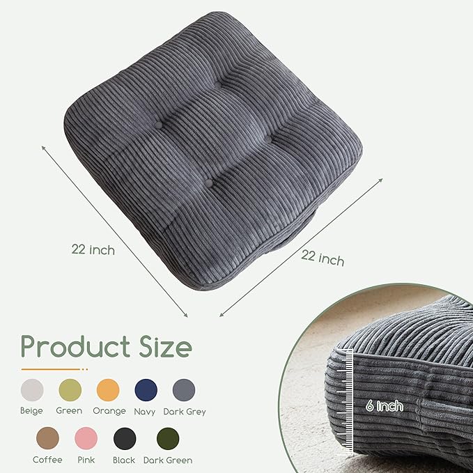 6" Washable Floor Pillow Cushion for Adults, Meditation Cushion Pillow, Large Square Floor Sitting, Removable Tufted Corduroy Cover, for Tatami Living Room or Yoga, 22x22 Inch, Machine Washable