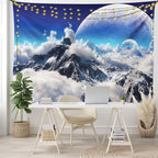 Ambesonne Fantasy Tapestry King Size, Celestial View of Snow Capped Mountains and Alien Planet Print, Wall Hanging Bedspread Bed Cover Wall Decor, 104" X 88", White and Navy Blue