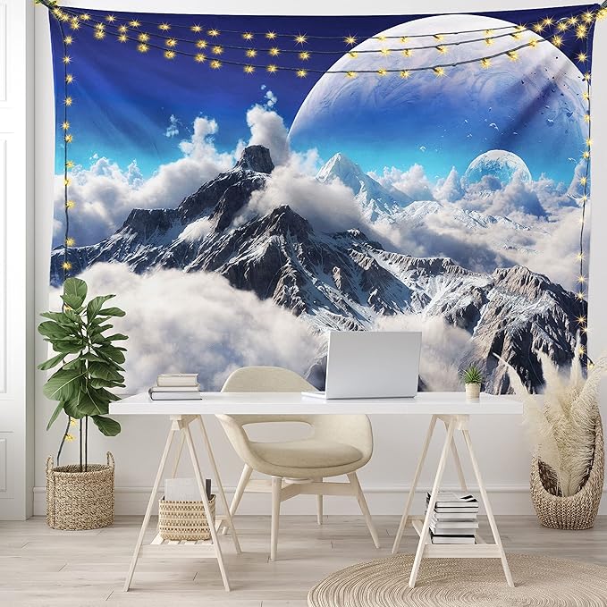 Ambesonne Fantasy Tapestry King Size, Celestial View of Snow Capped Mountains and Alien Planet Print, Wall Hanging Bedspread Bed Cover Wall Decor, 104" X 88", White and Navy Blue