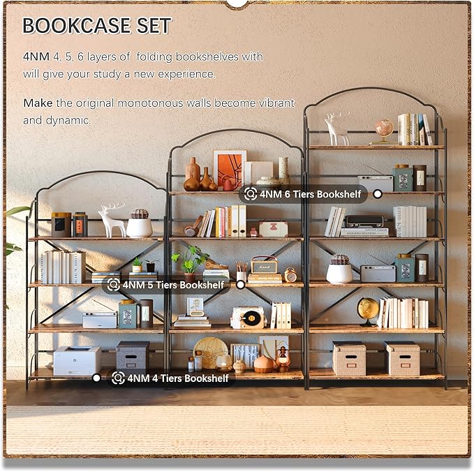 4NM No Assembly Extra Wide Folding Bookshelf for Living Room, 5 Tiers Collapsible Book Shelves Open Industrial Foldable Bookcase Storage Shelf for Home Office - Rustic Brown Black