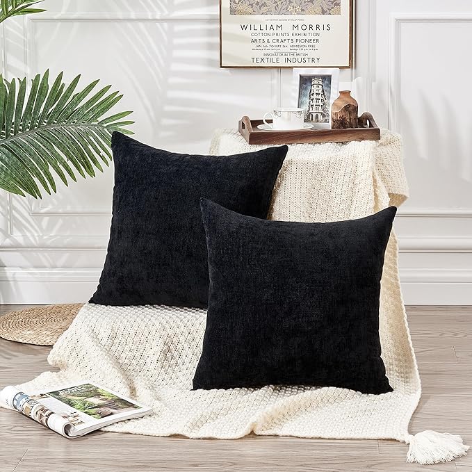 GAWAMAY Decorative Chenille Throw Pillow Covers 24x24 Inch Pack of 2, Soft Square Couch Pillow Cover for Sofa Cushion Living Room Bedroom Solid Dyed Pillowcases Black 60x60cm (ONLY Covers)