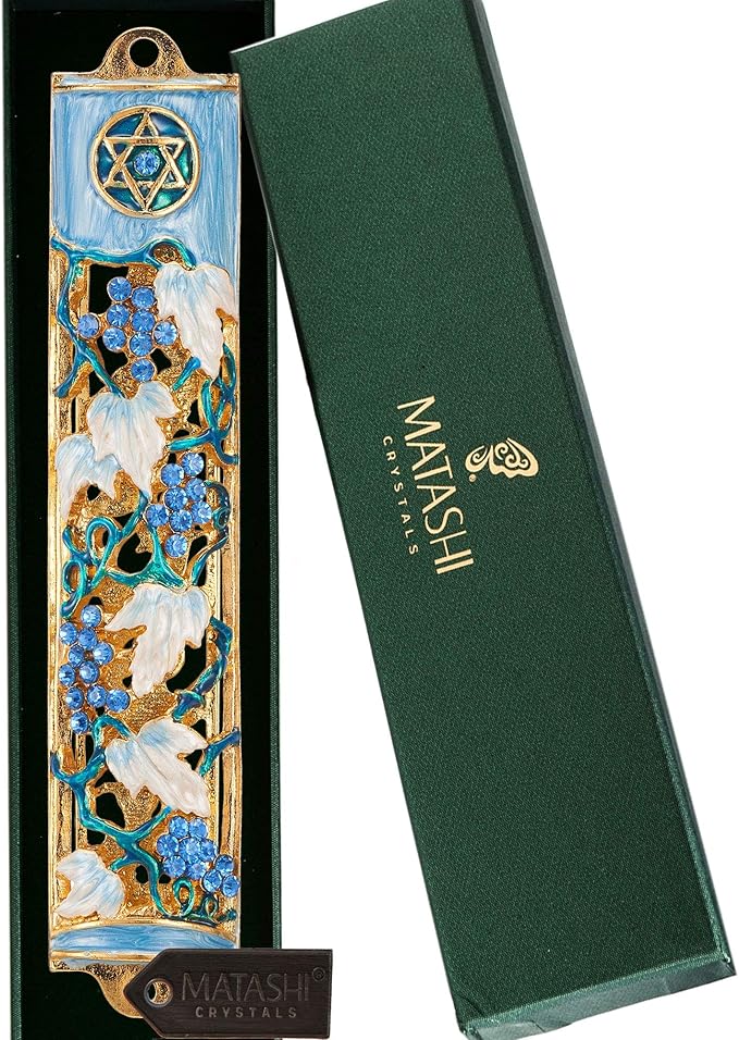 Matashi Hand Painted Blue and Ivory Enamel Grape Mezuzah Embellished with Gold Accents and Crystals Home Door Wall Decor Housewarming Present Gift for Festival (6 inch)