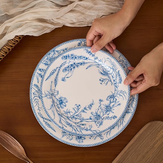 Bico Blue Garden Toile De Jouy Salad Plates Set of 4, 8.75 Inch Ceramic Dessert Plates for Salad, Appetizer, Side Dishes, Microwave and Dishwasher Safe, Gift for Housewarming and Thanksgiving