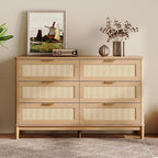 LINSY Rattan 8 Drawer Dresser for Bedroom, 47" Wide Mid-Century Modern Tall Chest of Drawers, Deep Storage Dresser with Curved Corner Design, Large Accent Wood Cabinet for Bedroom, Oak