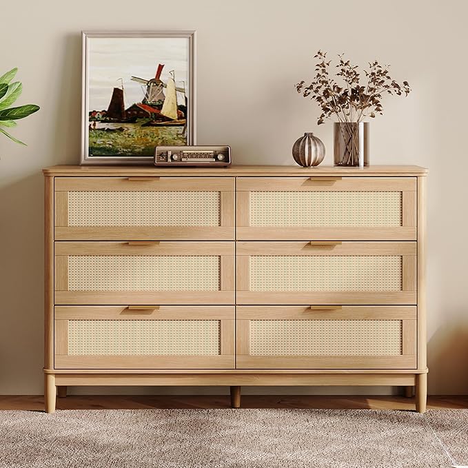 LINSY Rattan 8 Drawer Dresser for Bedroom, 47" Wide Mid-Century Modern Tall Chest of Drawers, Deep Storage Dresser with Curved Corner Design, Large Accent Wood Cabinet for Bedroom, Oak