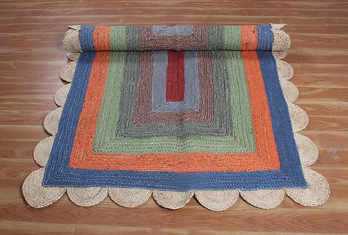 Scalloped Edge Rug, Hand Woven Natural Jute Area Rug, 12x15 Ft Beige & Multicolor Braided Sisal Kilim Rugs for Living Room, Kitchen, Entryway, Farmhouse