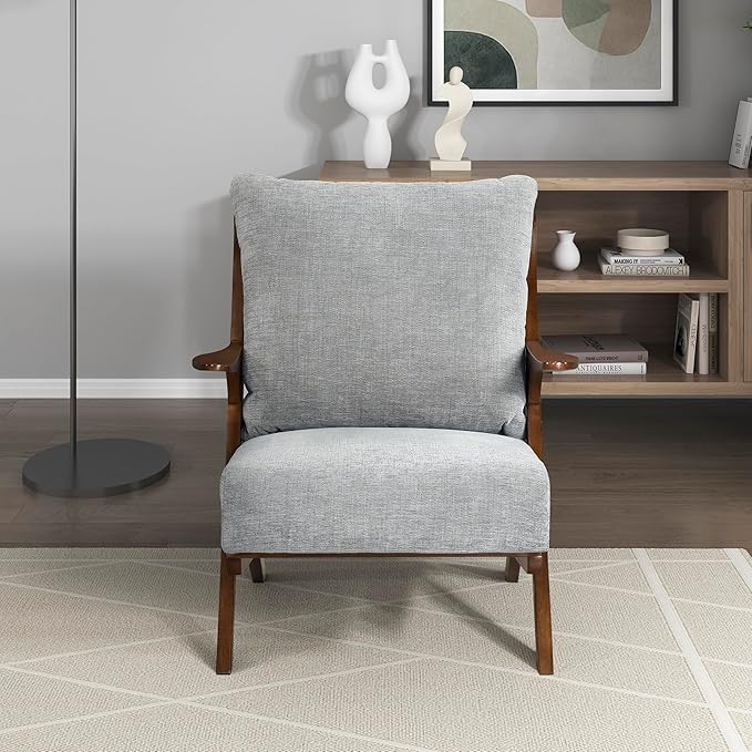 Lexicon Mid Century Modern Accent Chair, Pascal Brown Solid Rubberwood Frame, Reversible Back Cushion, Woven Chenille Upholstered Reading Chair, for Living Room/Bedroom/Office, Grey