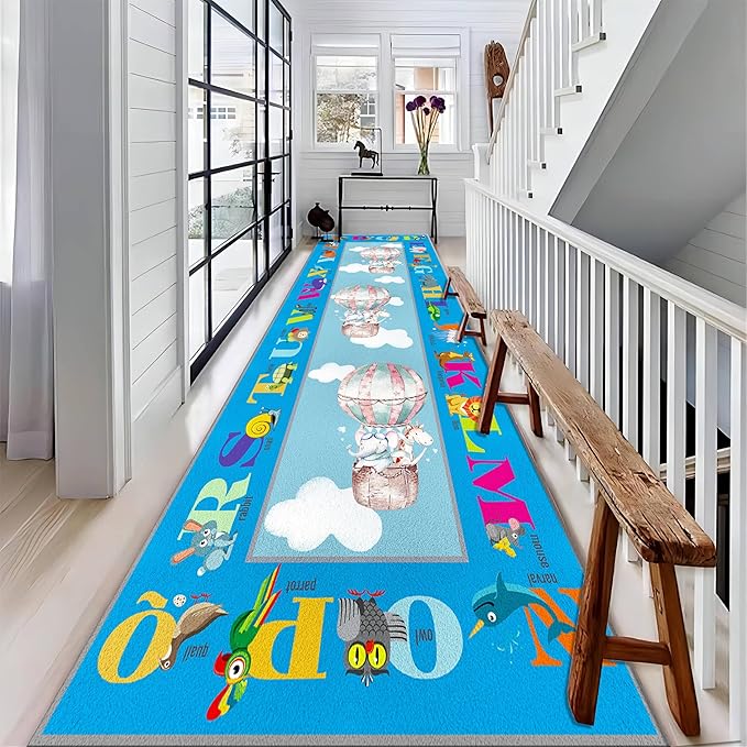 Cartoon Hot Air Balloon Children's Rug, 2x6ft, Educational Learning Alphabet Animal Carpets for Living Room, Low Pile Non-Shedding with Non Slip Backing Durable Rug for Kids Teen Floor