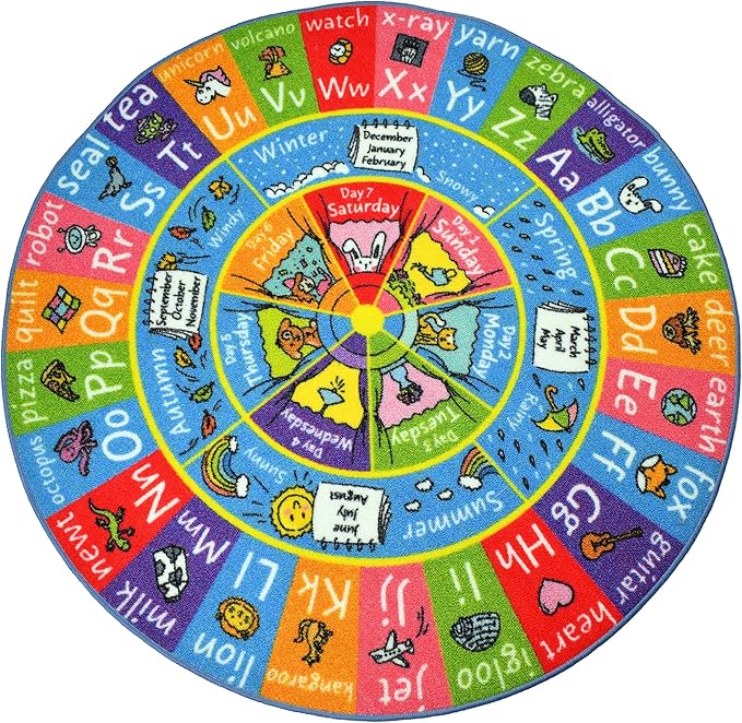 KC Cubs Educational Kids Rug – ABC Alphabet, Seasons, Months & Days Learning Mat – Soft Interactive Carpet for Classroom, Playroom & Bedroom 3x3 Round