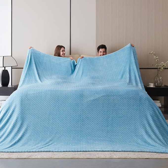 Oversized King Fleece Blanket 120x120 Inches, Seamless Soft Cozy 3D Jacquard Flannel Blanket 10'x10' Extra Large for Bed, Sofa, Couch, Travel & Camping, California King Throw, Baby Blue Leaf