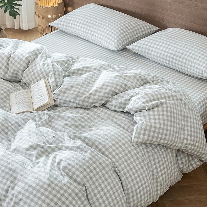 MooMee Gingham Duvet Cover Set 100% Washed Cotton Linen Like Textured Breathable Durable Soft Comfy Modern Checkered Design (Northern Droplet Grey Gingham, Palatial King/Oversized King 120"x98")