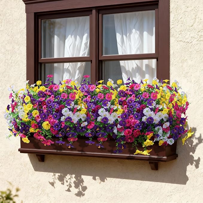 Ivydale 24 Bundles Artificial Flowers for Outdoors Spring Outside Decoration, Faux Silk Petunias White Fake Flowers Bluk Realistic UV Resistant Plants for Outdoor Planters Porch Patio Garden Yard Home