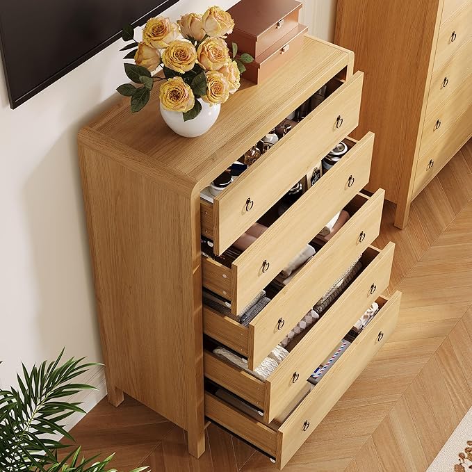 IDEALHOUSE 5-Drawer Dresser, Oak Finish Tall Storage Chest, Drawer Chest Bedroom Organizer Cabinet with Gold Ring Pulls, Mid-Century Modern Dresser for Living Room, Bedroom