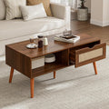 Coffee Table with Storage, Boho Dining Table with Rattan Drawer and Solid Wood Legs, Small Coffee Tables for Living Room, Walnut