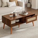 Coffee Table with Storage, Boho Dining Table with Rattan Drawer and Solid Wood Legs, Small Coffee Tables for Living Room, Walnut
