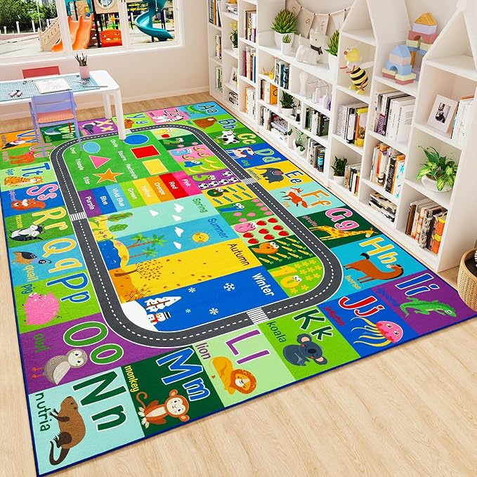 HOMORE Kids Rug, 7x10 ABC Rugs for Playroom Educational Rug for Childerns, Kids Area Rugs for Learning Alphabet, Numbers, Colors, Season and Animal Words, Large Carpet for School Classroom,Green