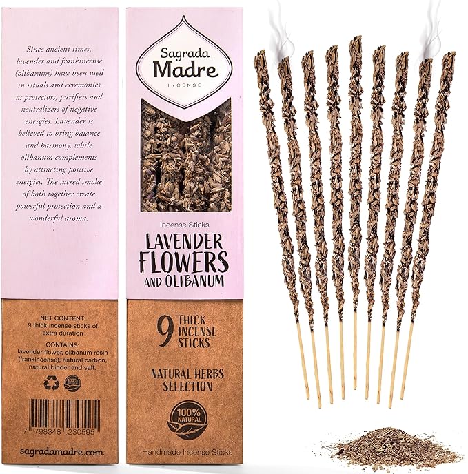 Sagrada Madre 9 pcs Wildly Harvested - Lavender Flowers and Olibanum Incense Sticks, 7" Long - Thick Aromatic Incense Sticks, 100% Natural