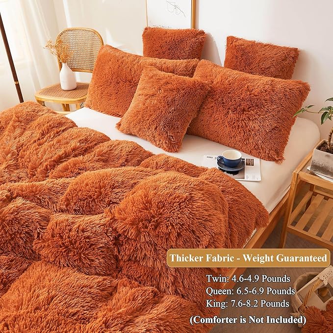 XeGe Fluffy Faux Fur Duvet Cover Set, Luxury Ultra Soft Plush Shaggy Terracotta Bedding Set 3 Pieces Velvet(1 Fuzzy Comforter Cover + 2 Furry Pillow Cases), Zipper Closure (Queen, Burnt Orange)
