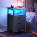 Huuger Night Stand with Charger Station and LED Lights, 3 Drawer Nightstand, Bed Side Table with Open Shelf, End Table, Tall Fabric Dresser for Bedroom, Grey