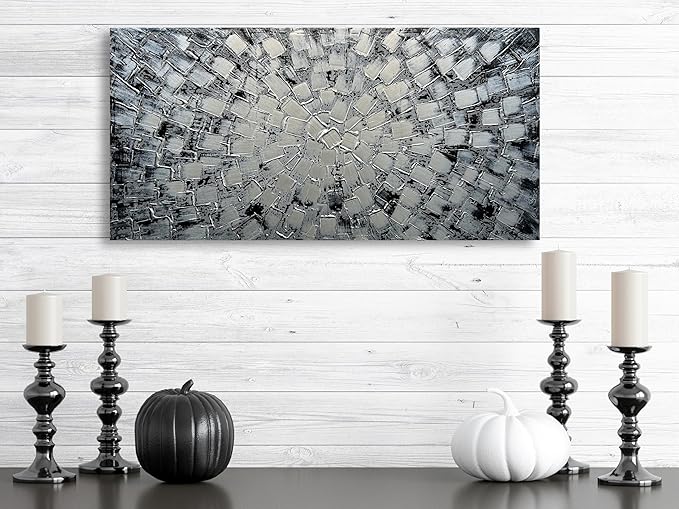 Extra Large Wall Art Abstract Black Silver Squares Canvas Art Hand Painted 3D Textured Oil Painting on Canvas Framed Ready to Hang by Horizontal and Vertical 60x30inch