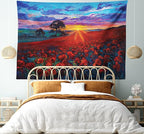 Ambesonne Country Tapestry King Size, Clouds at Sunset Paint Scenery of Poppy Flower Garden on Valley with Horizon, Wall Hanging Bedspread Bed Cover Wall Decor, 104" X 88", Burgundy Deep Sky Blue